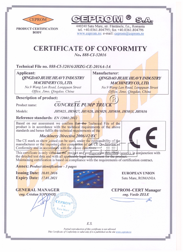 Concrete pump truck CE certificate