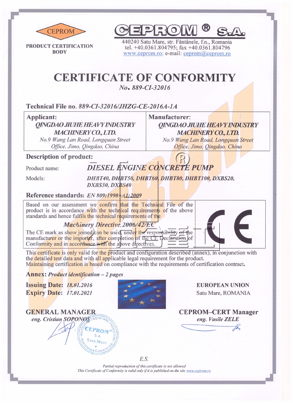 Diesel concrete pump CE certificate